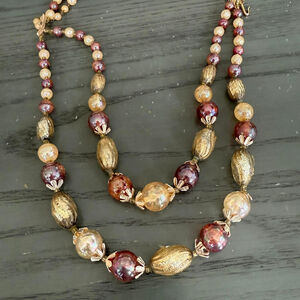 Women's Gold and Brown Beaded Necklace, One Size